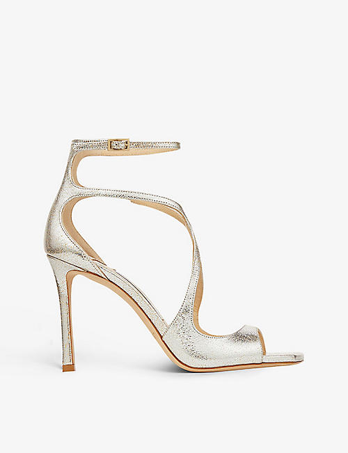 JIMMY CHOO: Azia strappy 95 glitter-effect leather heeled sandals