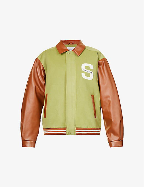 HOUSE OF SUNNY: Track Field brand-print fleece and faux-leather bomber jacket