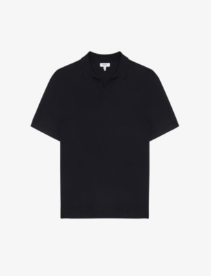 Reiss Duchie Johnny Collar Short Sleeve Wool Polo Sweater In Navy