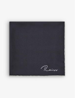 Reiss Mens Navy Ceremony Logo-print Silk Pocket Square