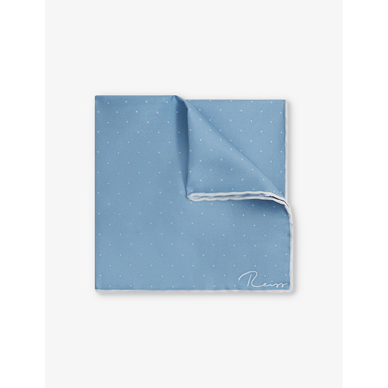 Reiss Mens Blue Liam Polka-dot Logo-print Silk Pocket Square