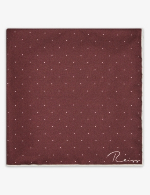 Shop Reiss Men's Burgundy Liam Polka-dot Logo-print Silk Pocket Square