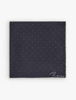 Reiss Mens Navy Liam Polka-dot Logo-print Silk Pocket Square