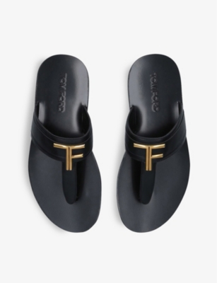 Shop Tom Ford Men's Black Brighton Logo-plaque Leather Sandals