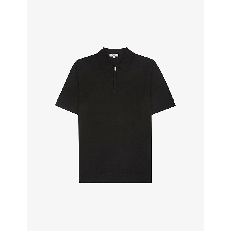 Reiss Mens Black Maxwell Zipped Merino-wool Polo Shirt