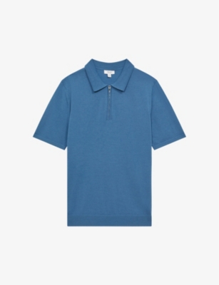 Reiss Mens Maxwell Zipped Merino-wool Polo Shirt In Blue