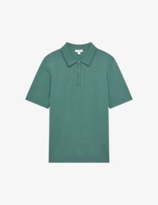 Reiss Maxwell Zipped Merino-wool Polo Shirt In Pine Green