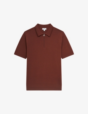 Reiss Mens Russet Maxwell Zipped Merino-wool Polo Shirt