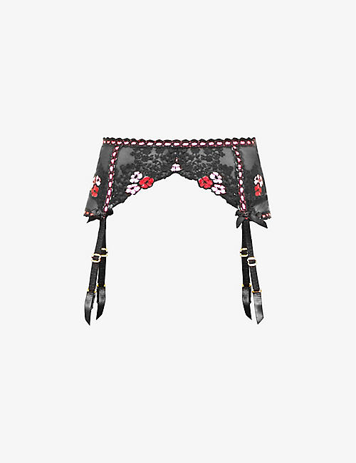 AGENT PROVOCATEUR: Petunia floral-embroidered woven suspender belt