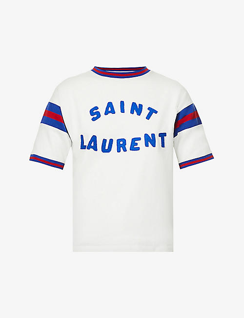 SAINT LAURENT: Brand-print crewneck cotton-blend T-shirt