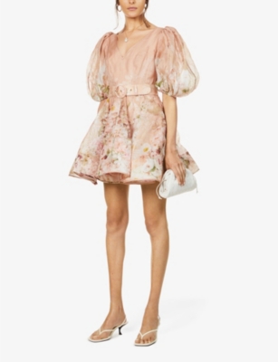 ZIMMERMANN Dancer puff-sleeved silk and linen-blend mini dress