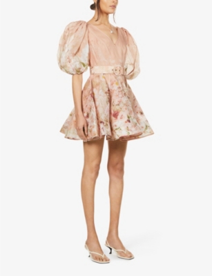 ZIMMERMANN Dancer puff-sleeved silk and linen-blend mini dress