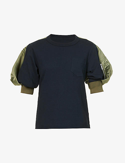 SACAI: Puffed-sleeve contrast-panel cotton-jersey T-shirt