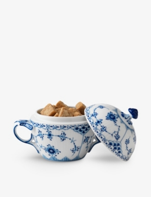 ROYAL COPENHAGEN: Blue Fluted Half Lace porcelain sugar bowl with lid 200ml