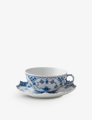 Royal Copenhagen Blue Fluted Full Lace Porcelain Cup And Saucer Set In Blue/white