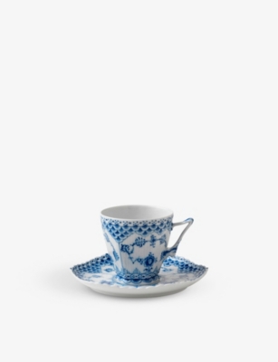 Royal Copenhagen Blue Fluted Full Lace Porcelain Cup And Saucer Set In Blue/white