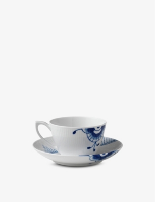 ROYAL COPENHAGEN: Blue Fluted Mega Cup floral-pattern porcelain teacup and saucer 280ml