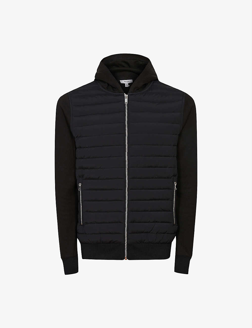 Reiss Taylor Quilted-panel Shell And Knitted Hooded Jacket In Black