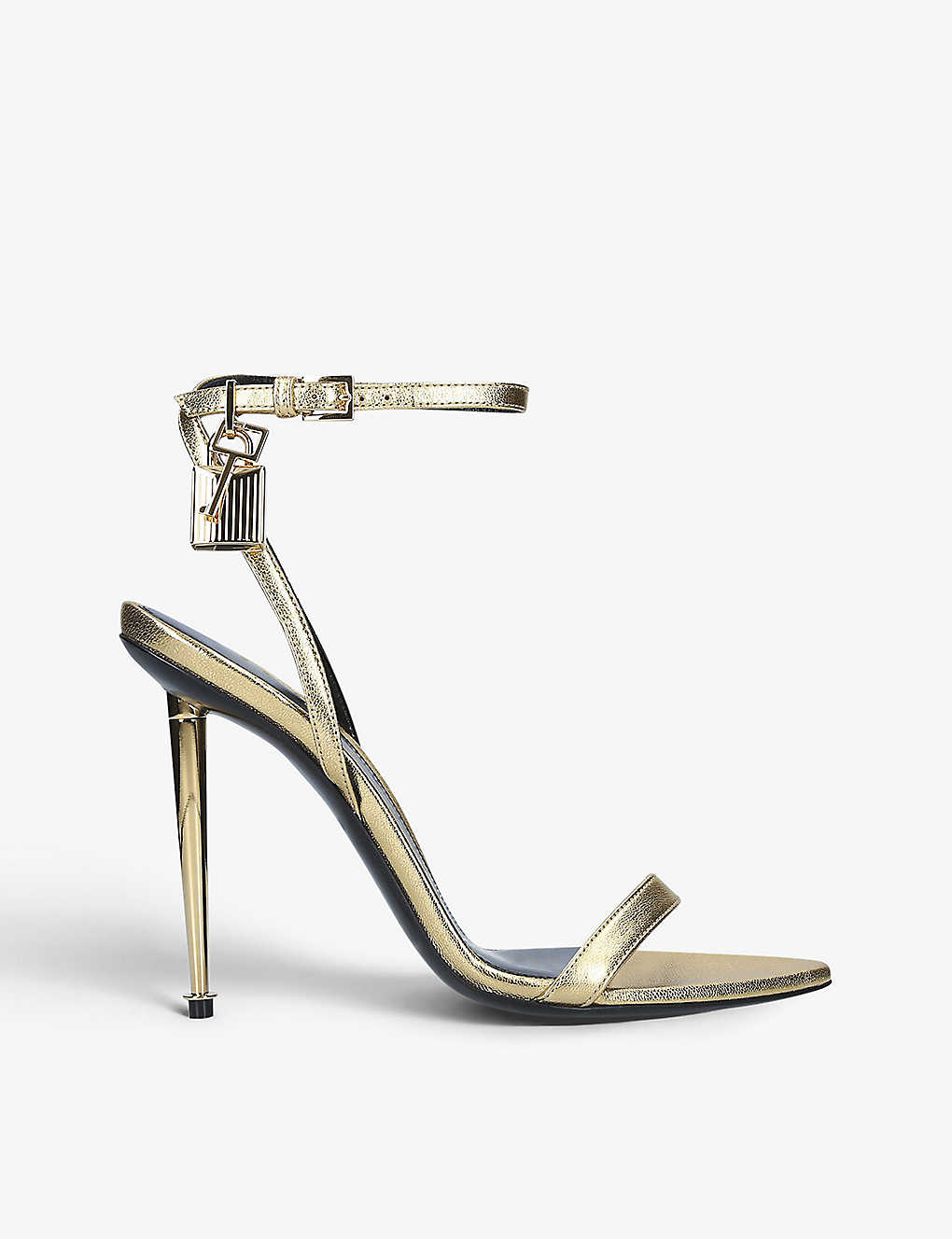Tom Ford Padlock Leather Heeled Sandals In Gold
