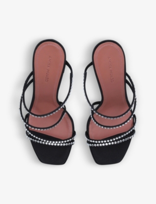 Shop Amina Muaddi Women's Black Naima Crystal-embellished Satin Heeled Sandals