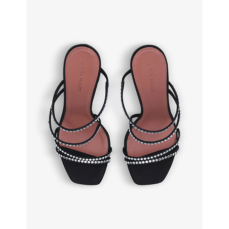 Shop Amina Muaddi Womens Black Naima Crystal-embellished Satin Heeled Sandals
