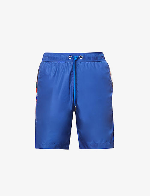 MONCLER: Side-striped brand-patch swim shorts