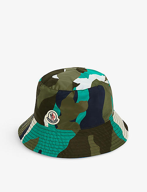 MONCLER: Logo-patch camouflage-print woven bucket hat