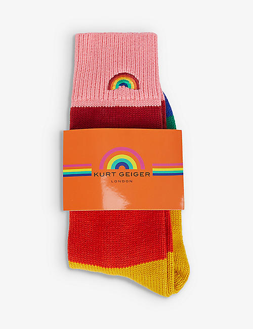 KURT GEIGER LONDON: Rainbow-embroidered cotton-blend knitted socks