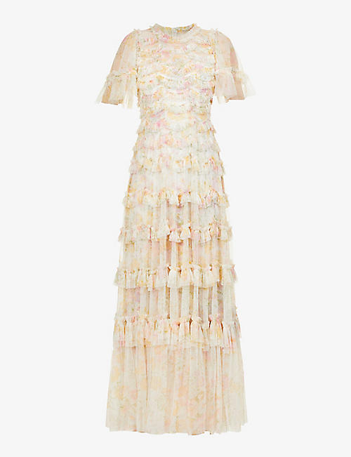 NEEDLE AND THREAD: Sunrise floral-printed tulle and recycled-nylon maxi dress