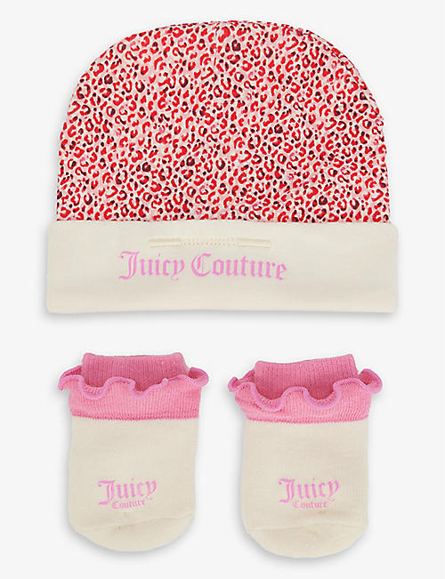 JUICY COUTURE: Leopard-print ruffled stretch cotton-blend hat and socks set 0-6 months