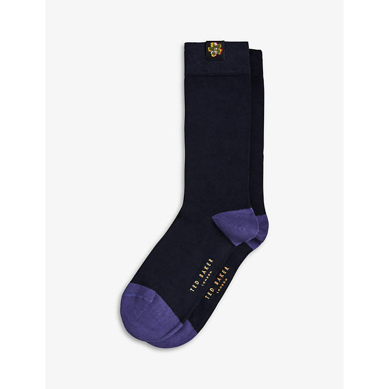 Shop Ted Baker Classic Floral-embroidered Cotton-blend Socks In Mid-blue