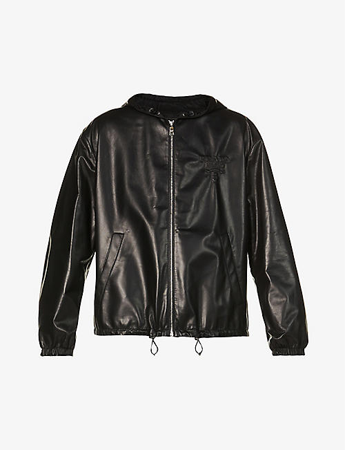 PRADA: Brand-debossed regular-fit leather hooded bomber jacket