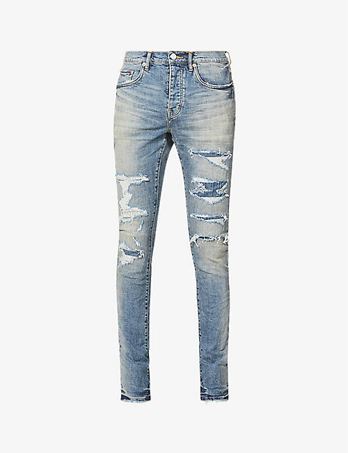 PURPLE DENIM: Distressed faded slim-fit stretch-denim jeans