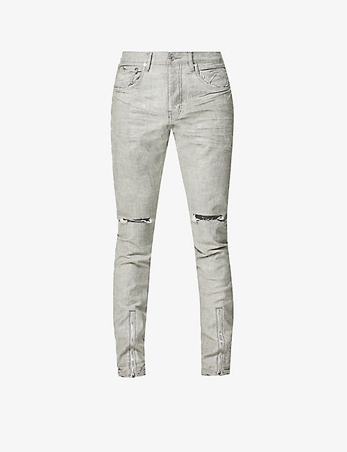 PURPLE DENIM: Ripped brand-patch regular-fit slim-leg stretch-denim jeans