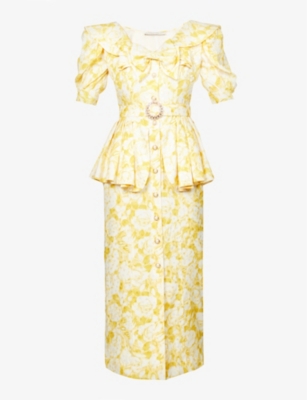 knee length dresses for ladies Alessandra Rich Silk Satin Rose Print Midi Dress – Runway Catalog main image 0