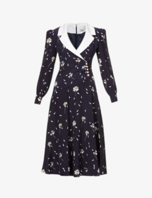 ALESSANDRA RICH Daisy print V neck silk midi dress Selfridges