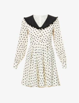Ruffled-collar polka-dot silk mini dress