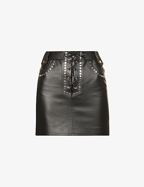 ALESSANDRA RICH: Stud-embellished lace-up leather mini skirt