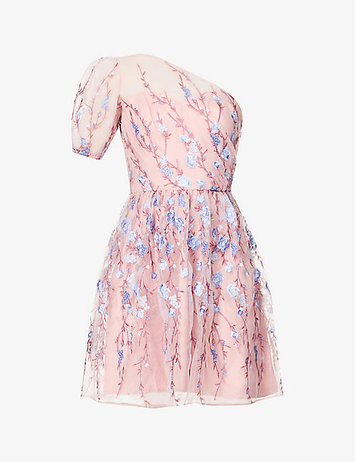 CHI CHI LONDON: Floral-embroidered tulle mini dress