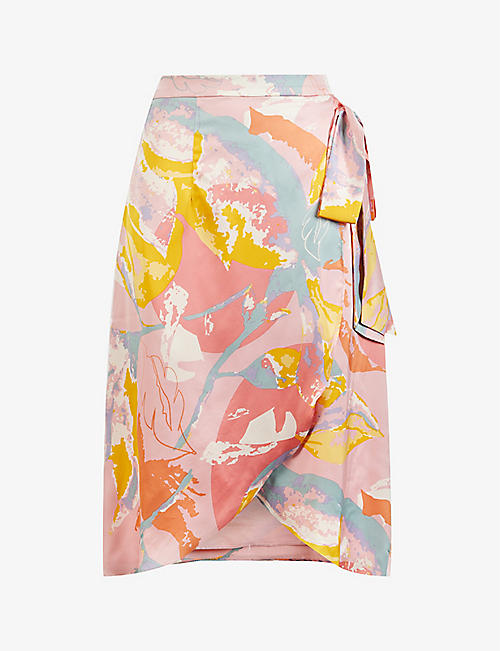 CHI CHI LONDON: Graphic-print wrap stretch-satin midi skirt