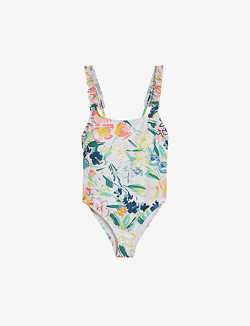 TED BAKER: Gulnur floral-print frilled stretch-recycled polyester swimsuit