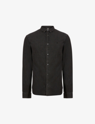 Allsaints Mens Washed Black Gleason Logo-embroidered Denim Shirt