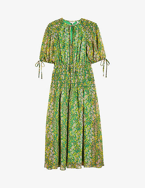 TED BAKER: Floral-print smocked crepe midi dress