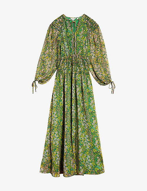 TED BAKER: Floral-print smocked crepe maxi dress