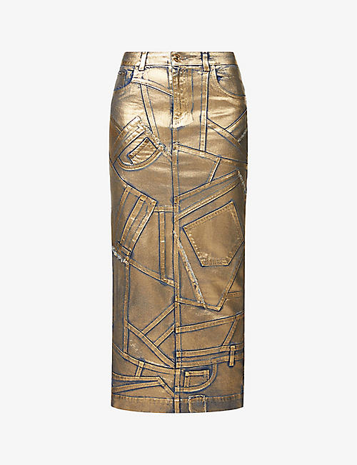 TOM FORD: H-lined metallic-coated denim midi skirt