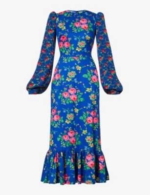 Shop The Vampire's Wife Women's Cobalt Villanelle Floral-print Cotton Midi Dress In Blue