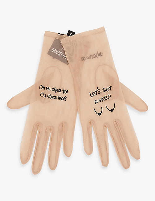 TENDER & DANGEROUS: Get Naked embroidered stretch-mesh gloves