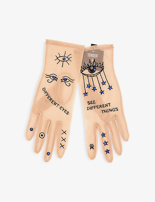 TENDER & DANGEROUS: Gaze embroidered stretch-mesh gloves