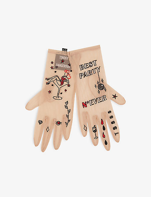 TENDER & DANGEROUS: Best Party embroidered stretch-mesh gloves