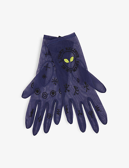 TENDER & DANGEROUS: Alien embroidered stretch-mesh gloves